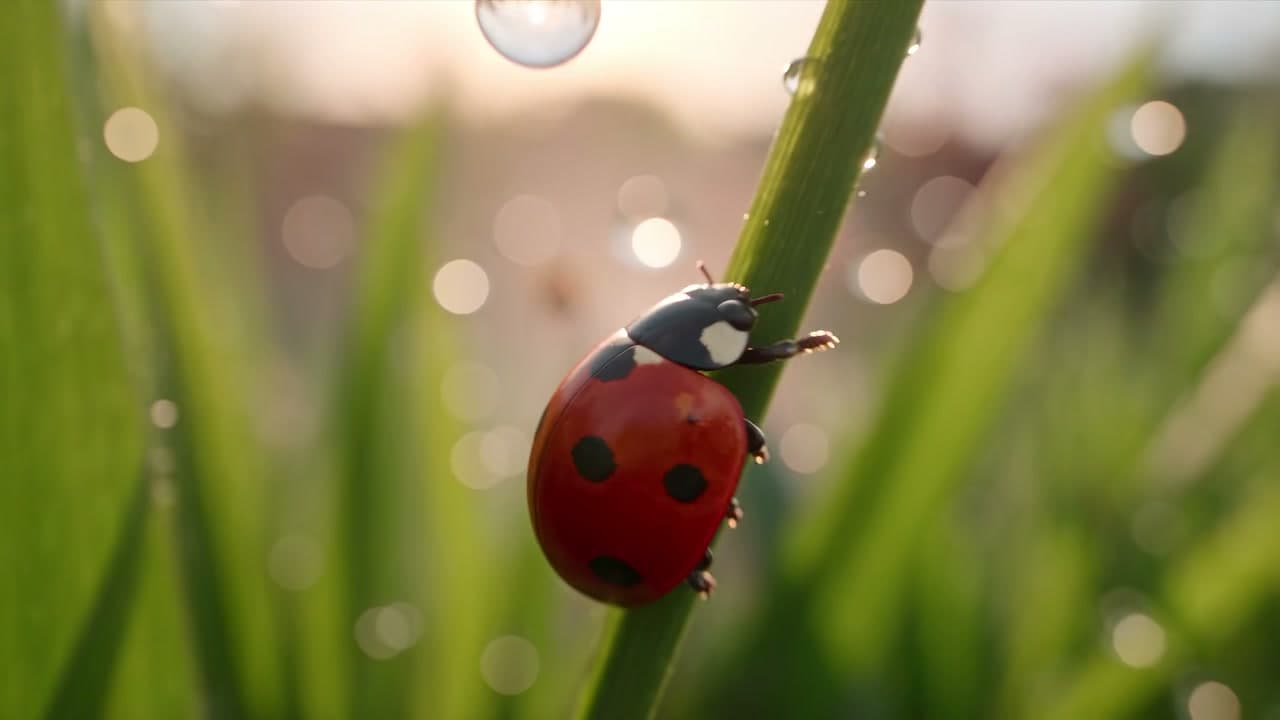 A ladybug on a blade of grass in warm morning light