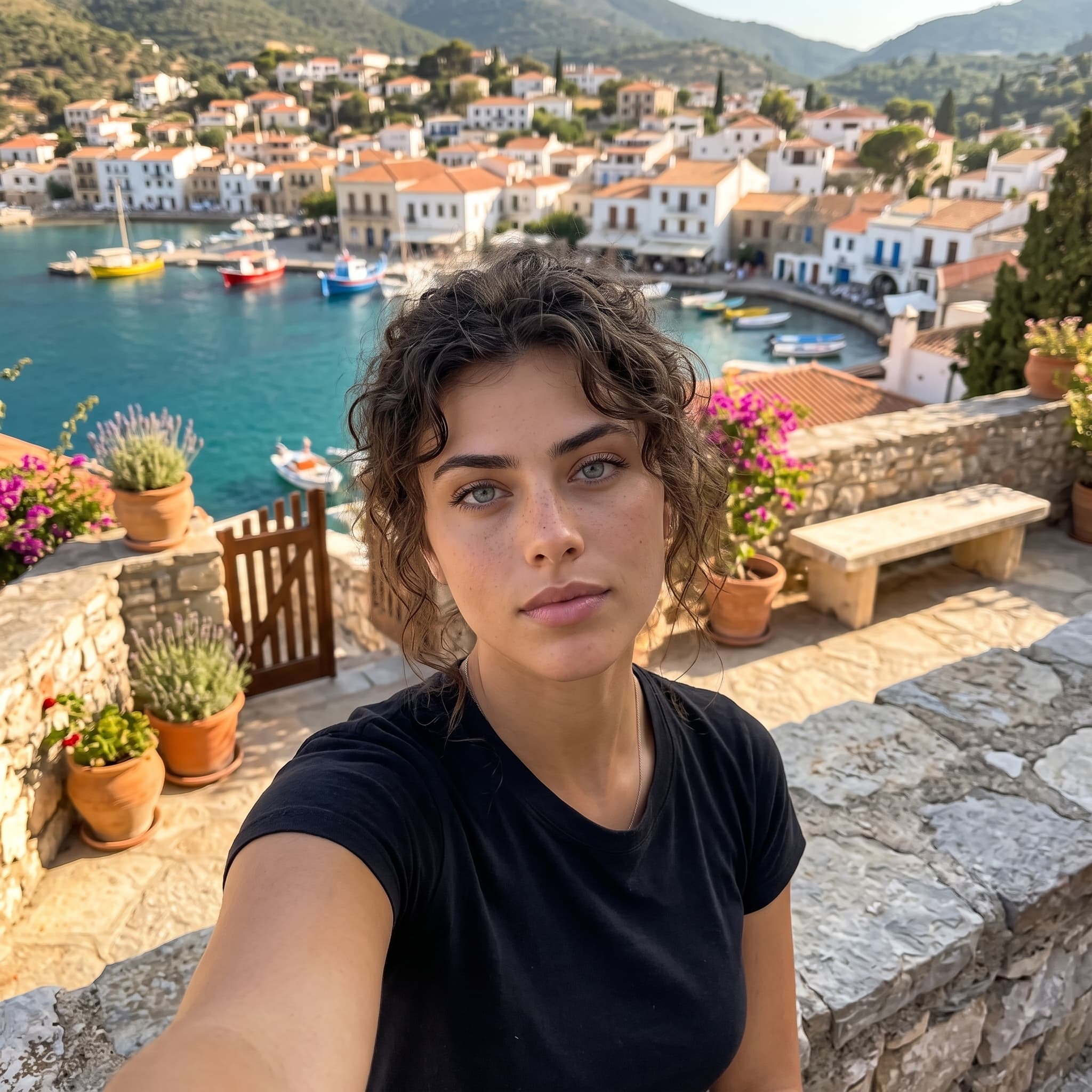 Detailed outdoor portrait overlooking a Mediterranean harbor