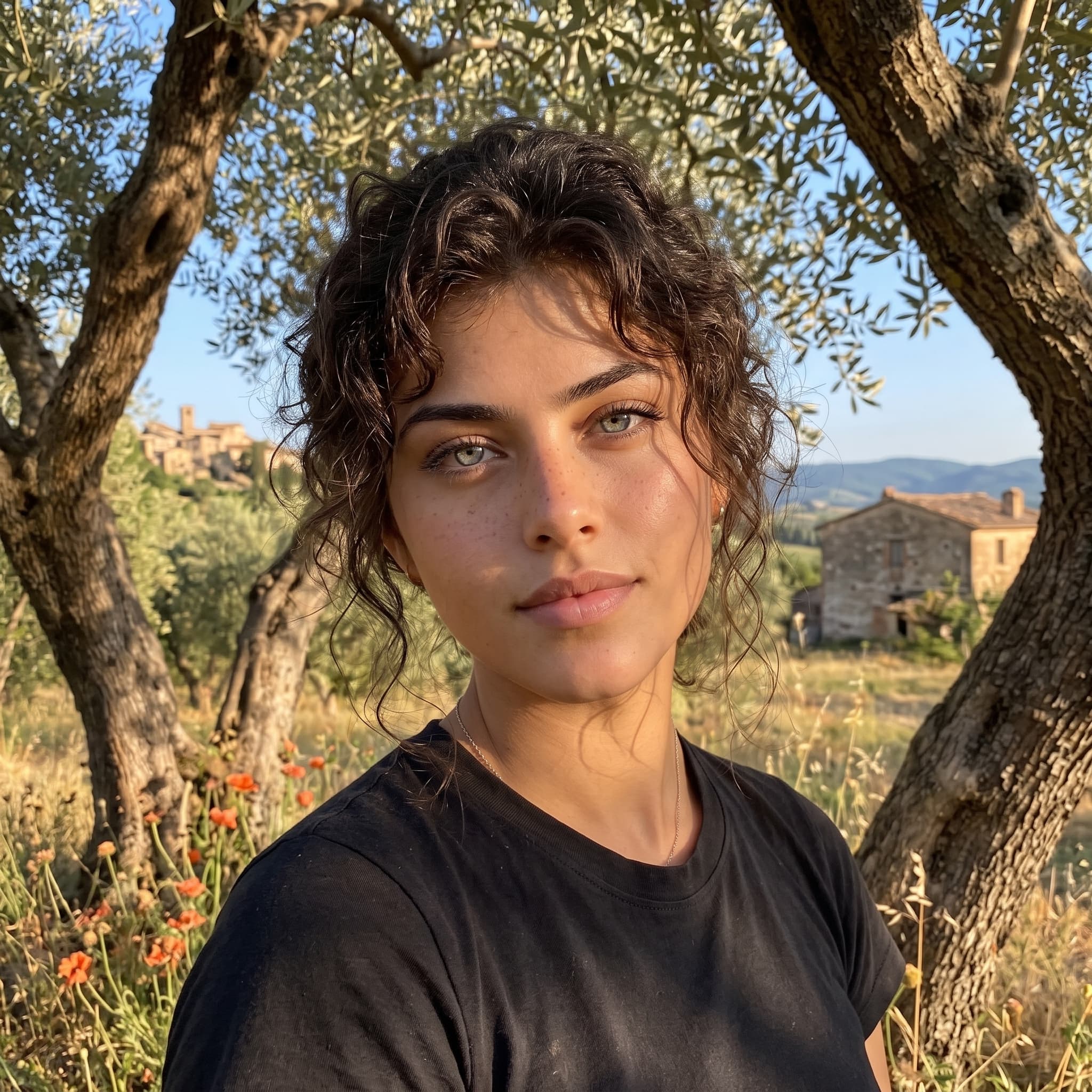 Natural light portrait of a woman beneath an olive tree
