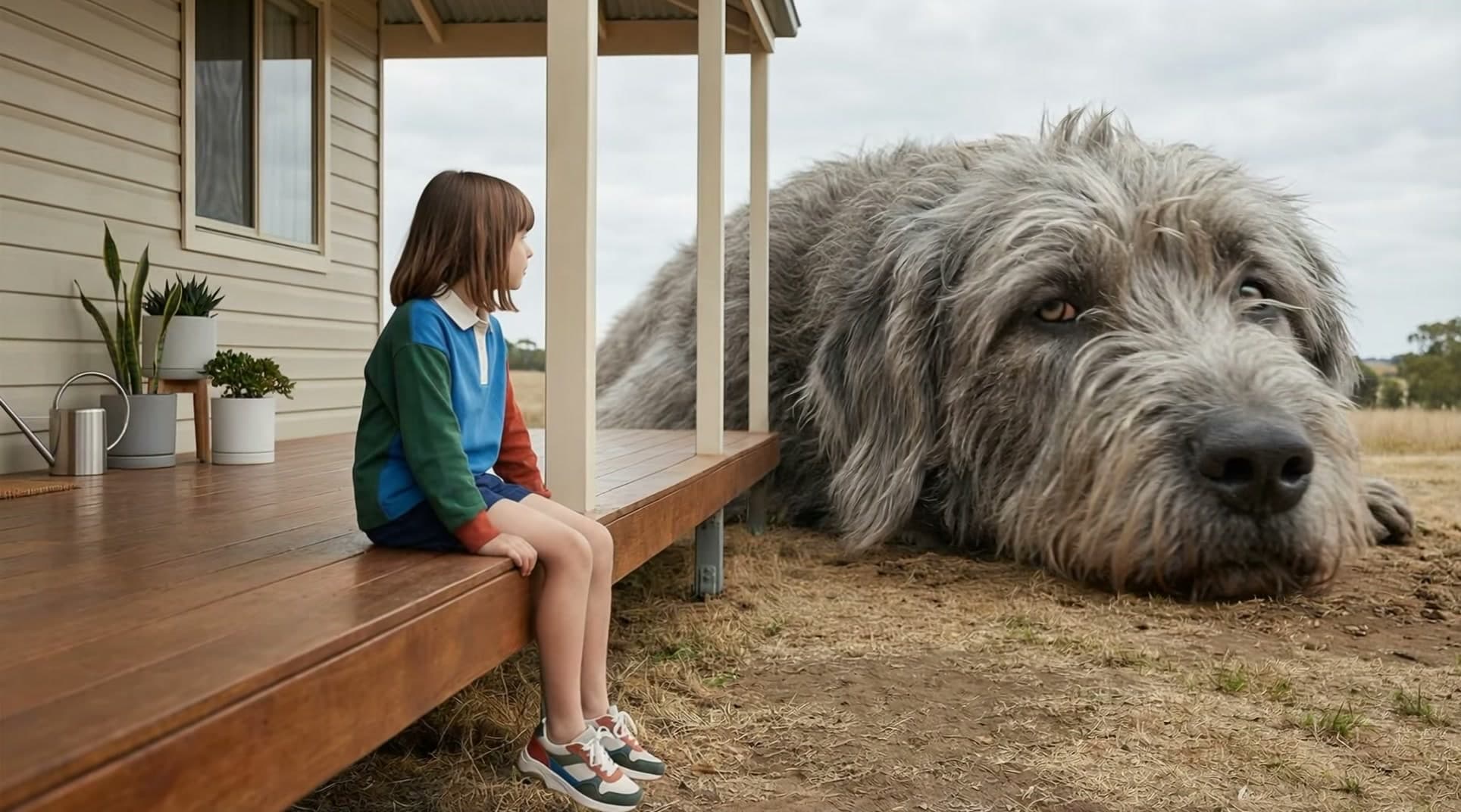 A girl and an enormous wolfhound on a porch in a quiet cinematic scene