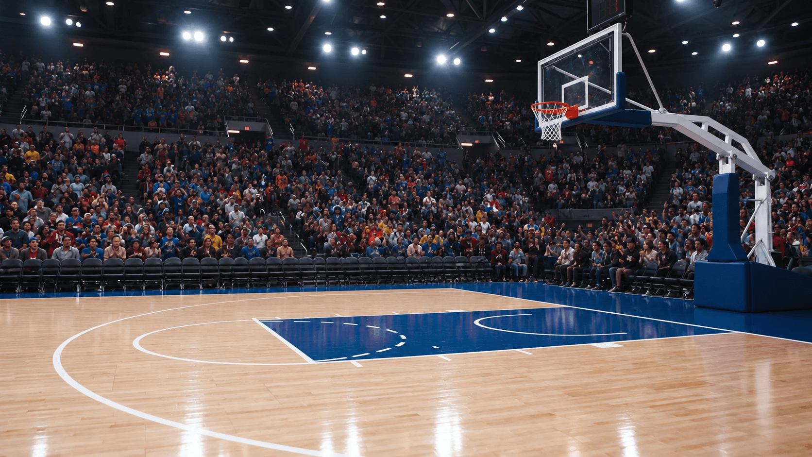 Indoor basketball arena with a blue court and hoop